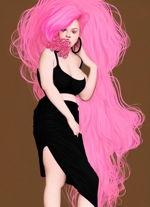 Image similar to full body portrait, teenage vanessa morgan, pink hair, obese, curly pixie hair, sultry, realistic, short hair, hoop earrings, skirt, shirt, fat, belly, black girl, intricate, elegant, highly detailed, digital painting, artstation, concept art, smooth, sharp focus, illustration, art by wlop, mars ravelo and greg rutkowski