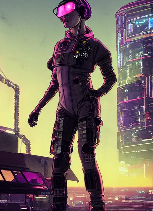 Image similar to Feminist Maria. Gorgeous female cyberpunk hacker wearing a cyberpunk headset, military vest, and jumpsuit. gorgeous face. Realistic Proportions. Concept art by James Gurney and Laurie Greasley. Moody Industrial skyline. ArtstationHQ. Creative character design for cyberpunk 2077.