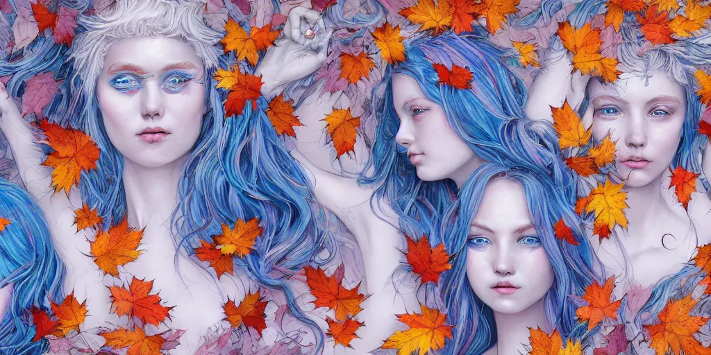 Prompt: breathtaking detailed concept art painting pattern with pastel colors of blue hair faces goddesses amalgamation autumn leaves, by james jean, bizarre compositions, exquisite detail, 8 k