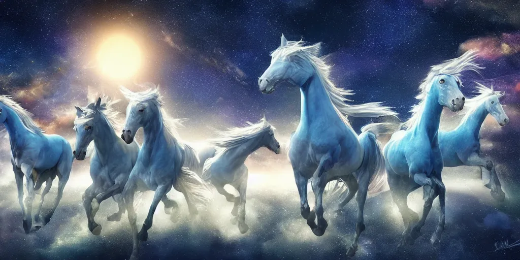 Image similar to a group of cyan spectral horse - riders fly overhead in the starry twilight sky, high detail, sharp, digital art