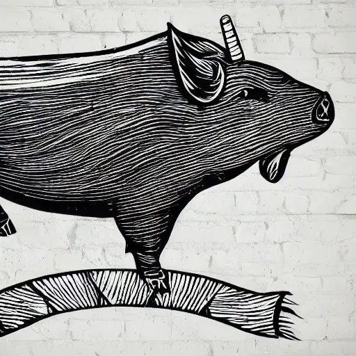 Prompt: black and white flying pig with unicorn horn and white wings woodcut