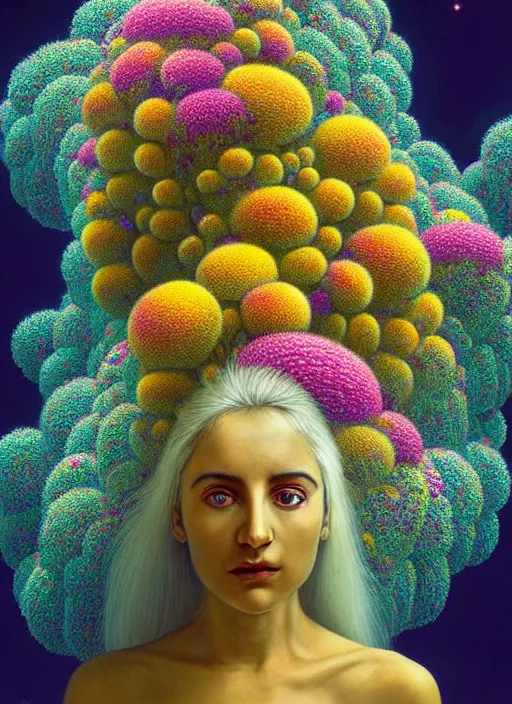 Image similar to hyper detailed 3d render like a Oil painting - Ramana Flowers with white hair in mascara seen Eating of the Strangling network of colorful yellowcake and aerochrome and milky Fruit and Her delicate Hands hold of gossamer polyp blossoms bring iridescent fungal flowers whose spores black the foolish stars by Jacek Yerka, Mariusz Lewandowski, Houdini algorithmic generative render, Abstract brush strokes, Masterpiece, Edward Hopper and James Gilleard, Zdzislaw Beksinski, Mark Ryden, Wolfgang Lettl, Dan Hiller, hints of Yayoi Kasuma, octane render, 8k