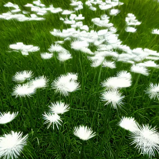 Image similar to a sea of white dandelions, in game style, a close-up