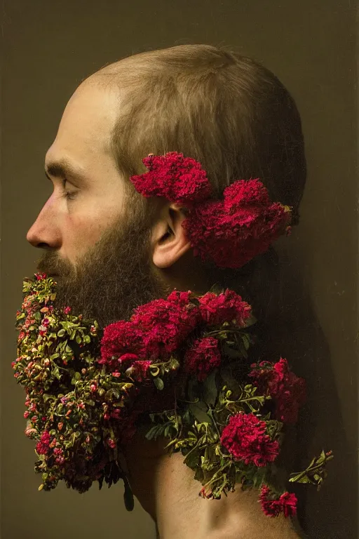 Image similar to a young man's face in profile, long beard, made of flowers and fruit, in the style of the Dutch masters and Gregory crewdson, dark and moody