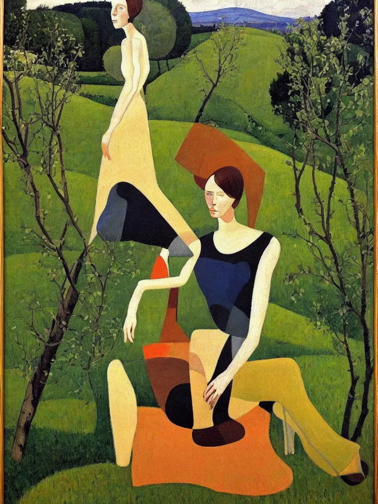 Prompt: a painted portrait of a women outdoors by felice casorati, aesthetically pleasing and harmonious colors, expressionism