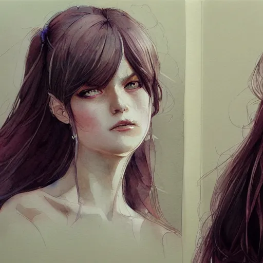 Image similar to a highly detailed portrait of sisters with purpure very very long hair, artstation, watercolor, highly detailed, portrait, by krenz cushart