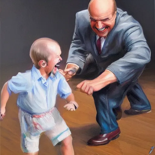 Prompt: highly detailed oil painting, concept art, dr phil laughing while kicking a sitting kid in the face, concept art, highly detailed