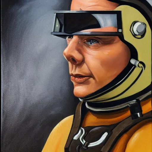 Prompt: square - jawed emotionless serious blonde woman starship engineer, tribal tattoos, handsome, short slicked - back hair, sweating, uncomfortable and anxious, looking distracted and awkward, wearing victorian dark goggles, flight suit and gloves, small spacecraft in background, highly detailed, oil painting