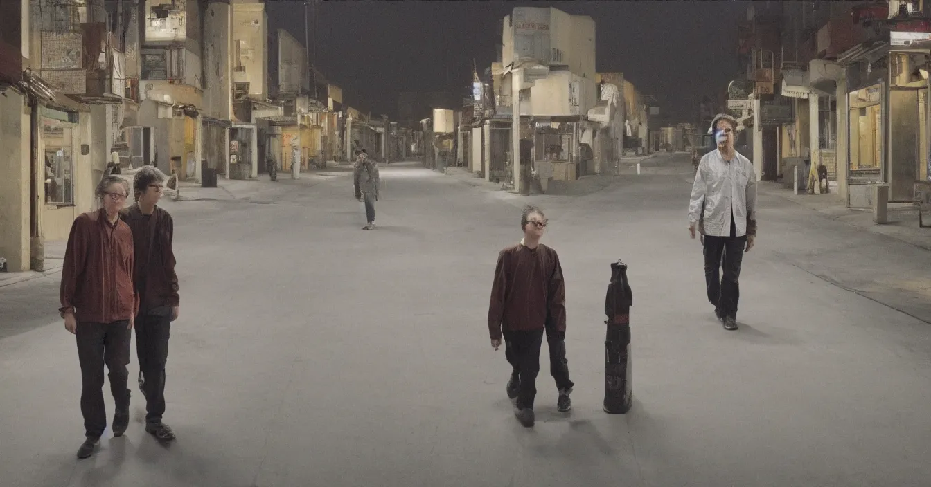 Image similar to todd solondz, high quality high detail image of todd solondz walking with a friend in an empty tel aviv street, clear sharp face of todd solondz, night, by lucian freud and gregory crewdson and francis bacon, hd, photorealistic lighting