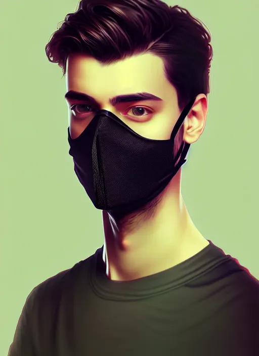 Prompt: handsome young man with black medical mask, half body shot, path traced, highly detailed, high quality, digital painting, alena aenami, lilia alvarado, shinji aramaki, karol bak, alphonse mucha, tom bagshaw