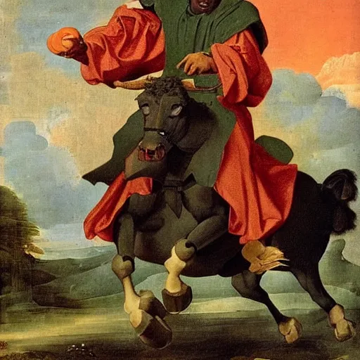 Prompt: black man with afro hair wearing an army green cloak, riding!!! an orange!! bull!!!, renaissance style painting, stunning detail and accuracy