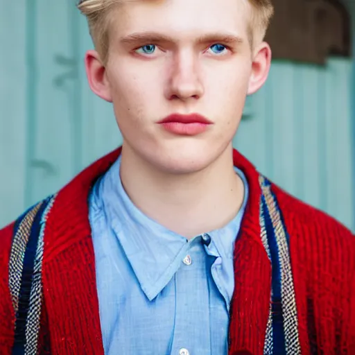 Image similar to close up of 1 8 year old man with wavy / curly light blonde hair, blue eyes, pale complexion, wearing 1 9 5 0 s clothing, 8 5 mm f / 1. 4