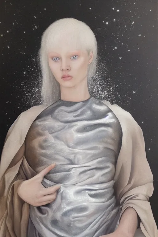 Image similar to hyperrealism oil painting, close - up portrait of albino medieval fashion model, black silk, steel gradient mixed with nebula sky, in style of baroque