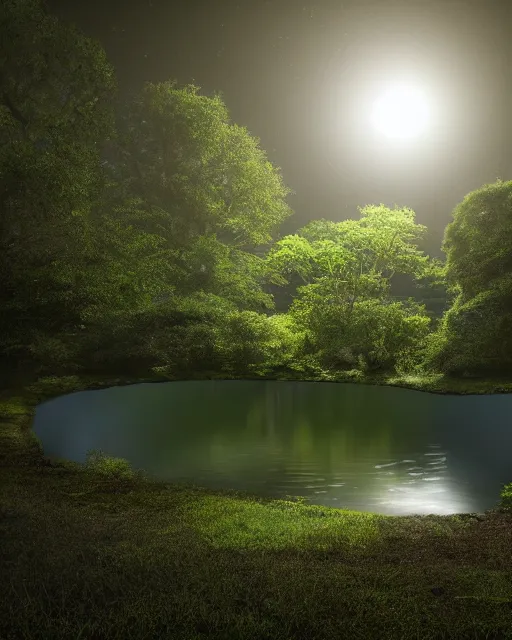 Image similar to a mystical pond in the middle of a lush forest at night during an eclipse, minimalist design, dark and dim lighting, beautiful, tranquil, moody, cinematic, fantasy, 3 5 mm lens, volumetric lighting, first person view, photographic render, hyper realistic