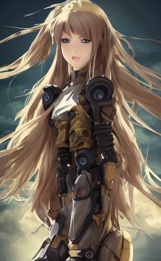 Prompt: girl with aircraft mecha legs, anime style, long hair, hair down, symmetrical facial features, from arknights, hyper realistic, pale skin, 4 k, rule of thirds, extreme detail, detailed drawing, trending artstation, hd, military gear, d & d, realistic lighting, by alphonse mucha, greg rutkowski, sharp focus, backlit