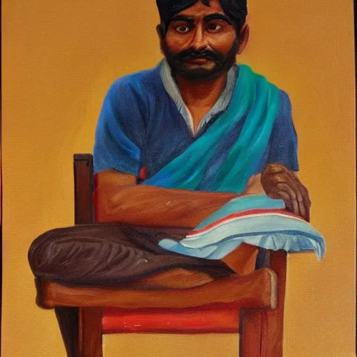 Image similar to Indian man sleeping on a school chair, oil painting