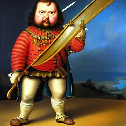 Prompt: tiny napoleon holding a giant and too heavy sword, by fernando botero, painting, fine art, high contrast, divine, strong, rembrandt lighting, ray tracing global illumination, ray tracing reflections, insanely detailed and intricate, hypermaximalist, elegant, ornate, hyper realistic, super detailed