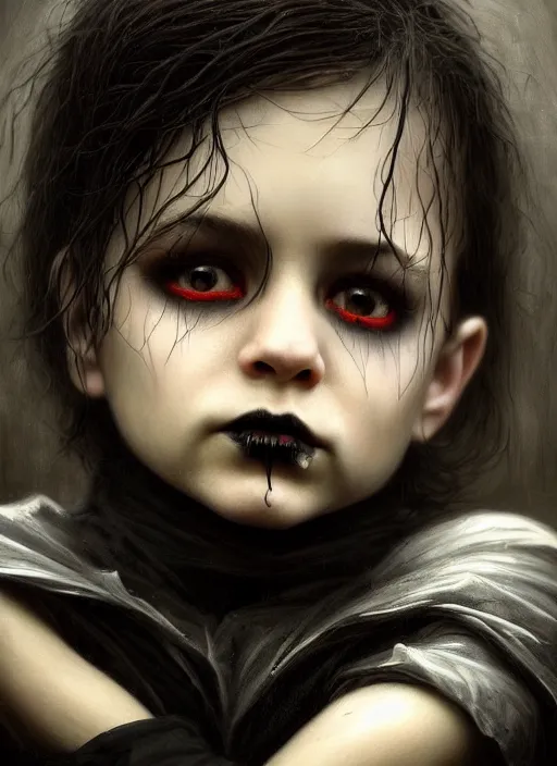 Image similar to highly detailed oil painting | very intricate | cinematic lighting | black, white and blood color scheme, dark background | portrait of a exquisite beautiful vampire little boy with long elegant tangles of black hair, eyes, gothic fog ambience, hyper realistic head, fantasy victorian art, in the style of greg rutkowski, zdizslaw beksinski, intricate, alphonse mucha