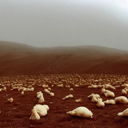 Prompt: a dreamlike landscape where all the hills are made of chicken skin and they have those little bumps and look kind of damp