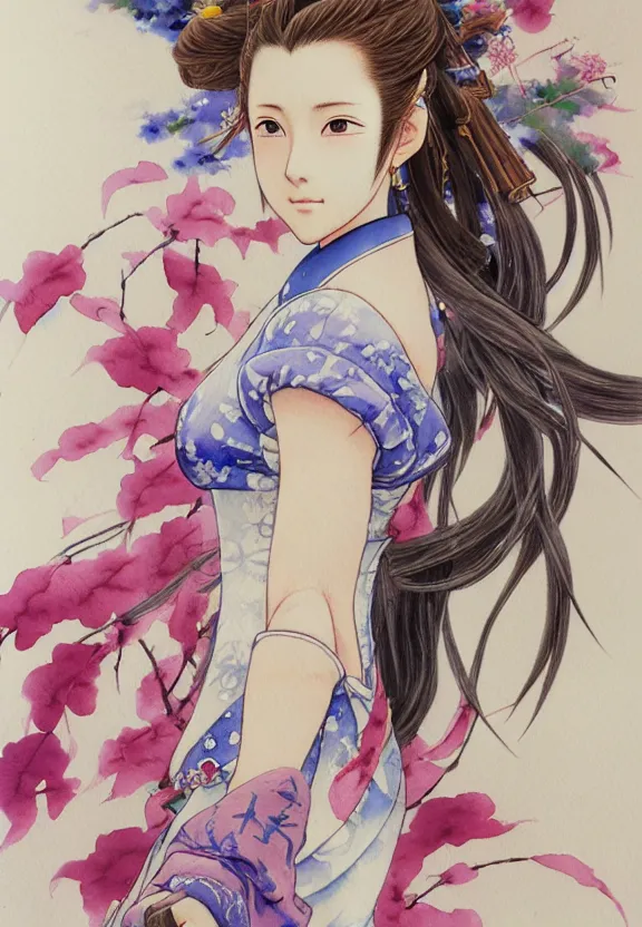 Image similar to a full-body watercolor painting of Aerith Gainsborough by Yoshitaka Amano, ukiyo-e, nouveau, concept art, 80's fantasy art, highly detailed, intricate, trending on artstation, award-winning