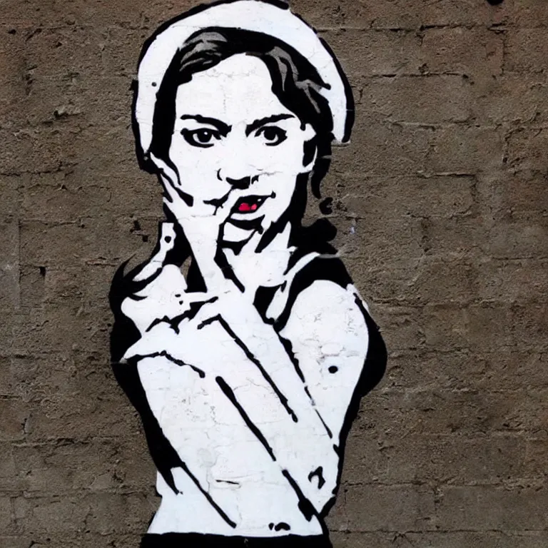 Prompt: smily woman face, style of banksy, street-art, sticker