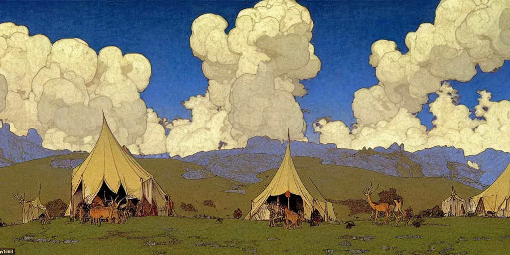 Prompt: a four thousand meter tall deer stands head above cumulus clouds, in a valley underneatht is an eighth century village with tiny tents by mucha and charles vess