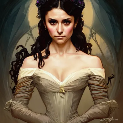 Image similar to Nina Dobrev dressed in a victorian fashion, D&D, fantasy, intricate, elegant, highly detailed, digital painting, artstation, concept art, matte, sharp focus, illustration, art by Artgerm and Greg Rutkowski and Alphonse Mucha