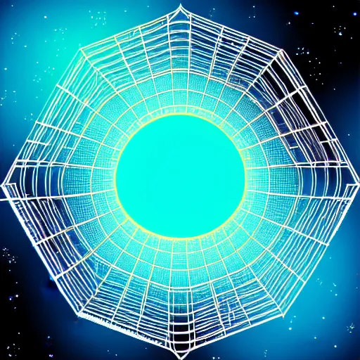 Prompt: a highly detailed artwork of a black hole inside a golden dodecahedron wireframe structure, deep blue and cyan nebula background