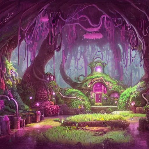 Image similar to concept art painting of a interior of a fungal cozy alien fantasy fairytale house, with black vines and magenta plants, realistic, detailed, cel shaded, dark, in the style of makoto shinkai and greg rutkowski and james gurney