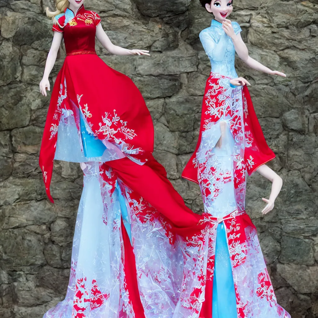 Image similar to elsa is wearing a chinese red cheongsam, frozen, disney style.