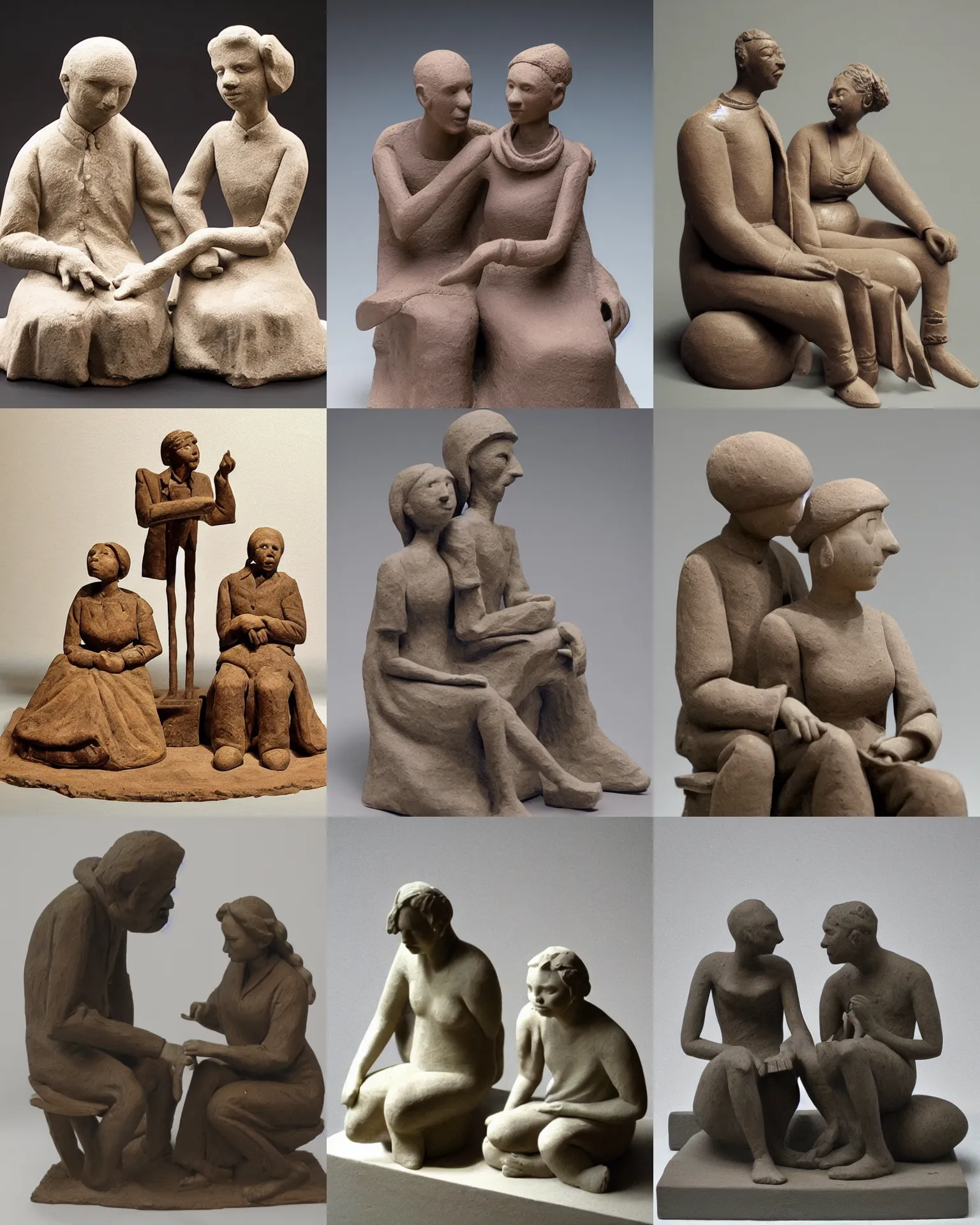 Prompt: sculpture of a couple sitting down, looking at their future, clay, beautiful!!!! museum photo