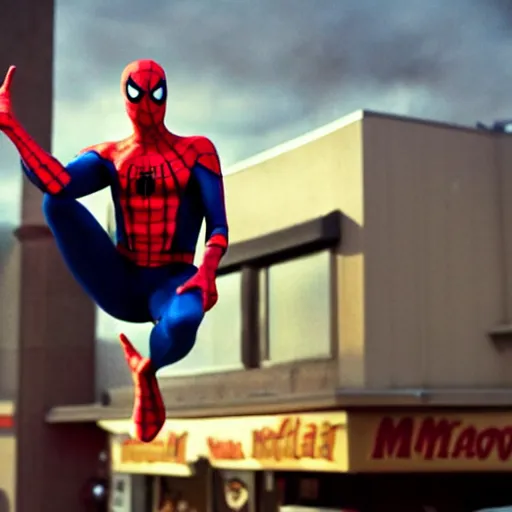 Image similar to spider-man eating in a mcdonald's, movie still, dramatic lighting, sunset, atmospheric dust, vintage film