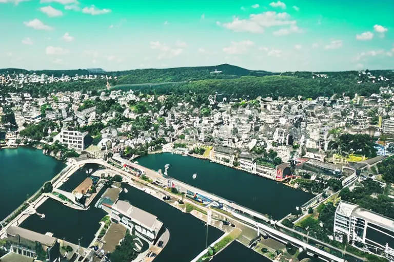 Image similar to bird's eye view photography of a small city. town hall, central farm, monorail station, beach and harbor. hills, woods and lake to the north.