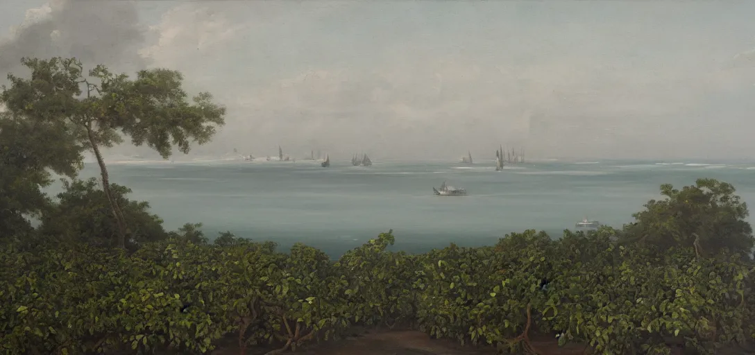 Prompt: a painting of an island far in the distance, the island is covered in a thick mist. there are ships parked all around the island, all covered in vines and over growth. the sea looks grey and rough. oil on canvas.