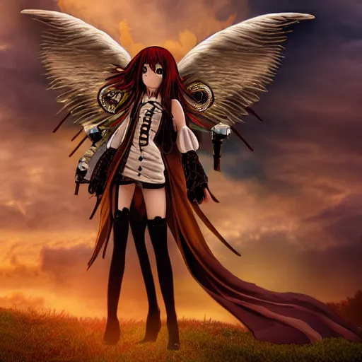 Prompt: steampunk angel anime girl with a halo made out of steam, extremely detailed, hdr, anime, studio ghibli, lush, pretty, long hair, full body portrait, cinematic lighting, sky, grass, clouds, posing, epic, intense, sharp focus, wings made out of copper metal, steam,