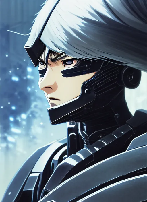 Image similar to a anime portrait of a cyborg ninja raiden, finely detailed features, closeup at the face, sharp focus, perfect art, warzone background, cinematic lighting, intricate, anime, illustration, artstation, trending on pixiv fanbox, painted by greg rutkowski, studio ghibli, yoji shinkawa, hayao miyazaki,