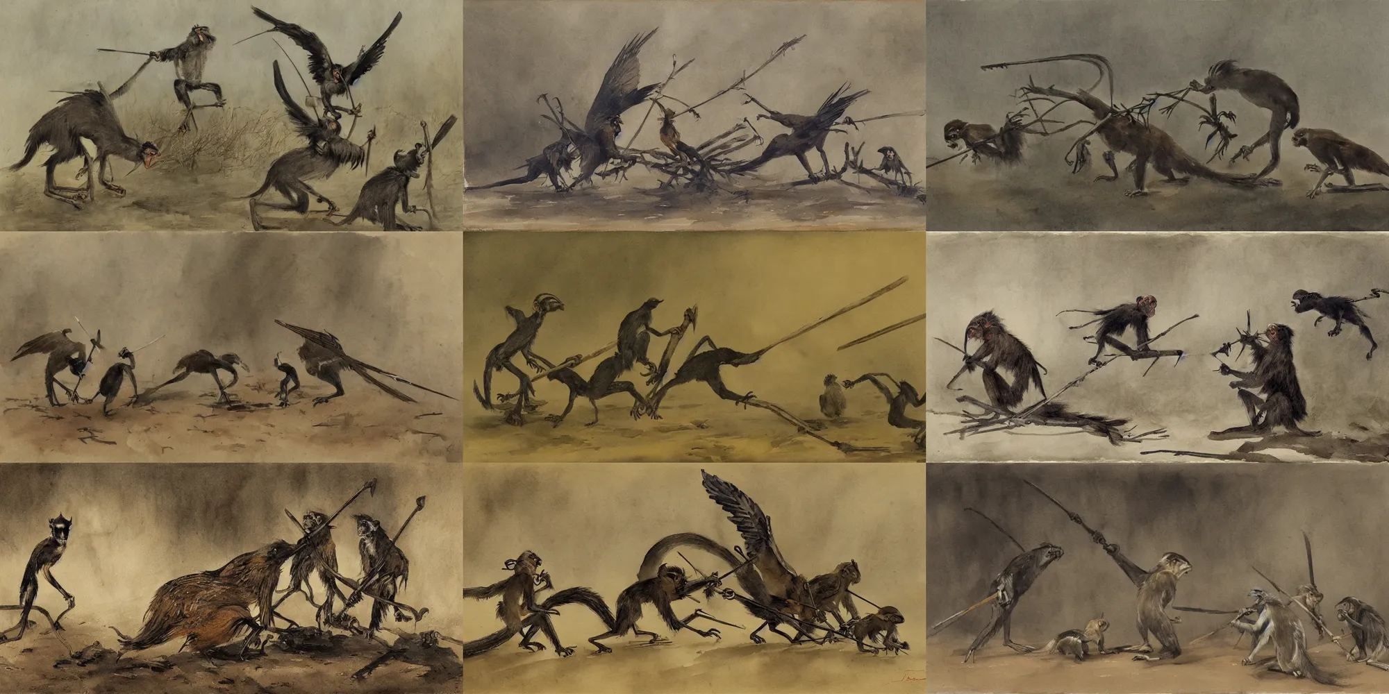 Prompt: battle scene between squabbling long - eared crow - monkeys with pitchforks | tonalist, art nouveau, inks, watercolor wash, chiaroscuro, grisaille, mud