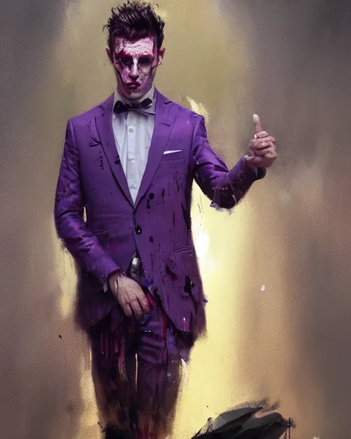 Prompt: A hyper realistic oil painting of a man in his twenties dressed in a purple suit, full height, clean shaven, insane looking face, messy hair, covered in blood, by Greg Rutkowski, trending on artstation, 4k, creepy lighting