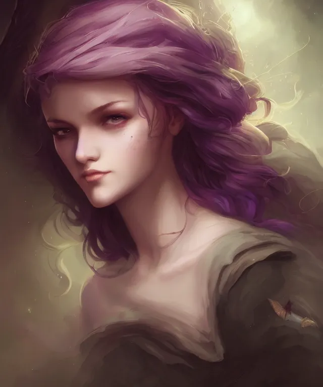 Prompt: cute friendly witch by charlie bowater and titian and artgerm, full - body portrait, intricate, face, cavern, elegant, purple mist, beautiful, highly detailed, dramatic lighting, sharp focus, trending on artstation, artstationhd, artstationhq, unreal engine, 4 k, 8 k