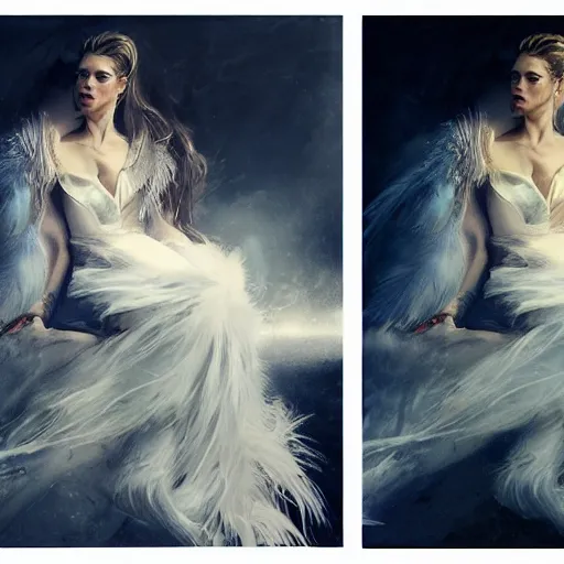 Image similar to hyperrealistic portrait of a woman as amber heard posing to noir moon in a white swan dress wearing sapphire jewellery with long feather collar by jeremy mann and alphonse mucha, fantasy art, photo realistic, dynamic lighting, artstation, poster, volumetric lighting, very detailed faces, 4 k, award winning