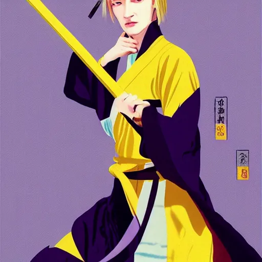 Image similar to breathtaking detailed pattern pastel colors, action scene from kill bill, with uma thurman ( kill bill ) in yellow kimono, swinging katana sword, and mt. fuji, by hsiao - ron cheng, exquisite detail, enhanced eye detail