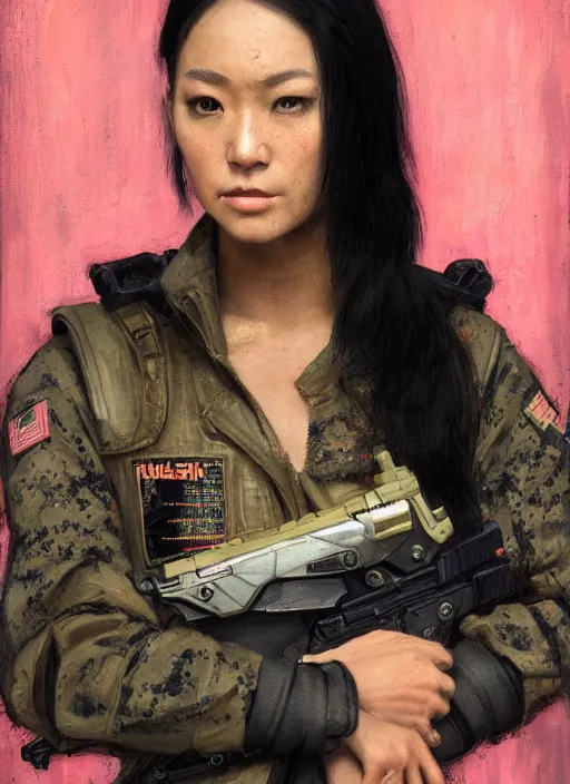 Prompt: Nikki tanaka. beautiful cyberpunk female USN marine wearing a military vest and a black and pink tactical jumpsuit (cyberpunk 2077, bladerunner 2049). gorgeous face. Iranian orientalist portrait by john william waterhouse and Edwin Longsden Long and Theodore Ralli and Nasreddine Dinet, oil on canvas. Cinematic, hyper realism, realistic proportions, dramatic lighting, high detail 4k