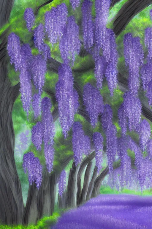 Image similar to wisteria forest with a narrow purple river flowing through it. digital painting. trending on artstation.