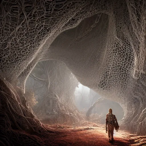 Prompt: biocomputer human organ inside a bio - neural network made like antique lace in a biomechanical cave forest, biocomputer epic environment, matte painting, diffused lighting, highly detailed cinematic, epic atmosphere, diffused lighting, highly detailed digital art, trending on artstation, depth of field, wide angle