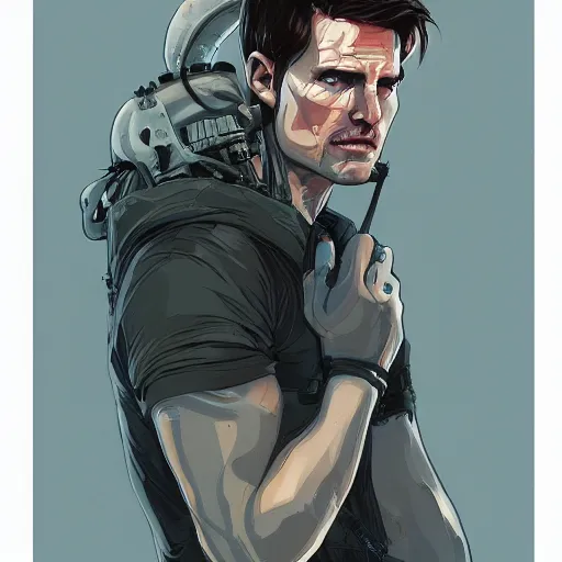 Image similar to a study of cell shaded portrait of Tom Cruise concept art, llustration, post grunge, concept art by josan gonzales and wlop, by james jean, Victo ngai, David Rubín, Mike Mignola, Laurie Greasley, highly detailed, sharp focus, alien, Trending on Artstation, HQ, deviantart, art by artgem