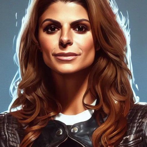 Image similar to portrait of maria menounos wearing a skintight leather jacket!!, intricate, elegant, highly detailed, digital painting, artstation, concept art, smooth, sharp focus, illustration, art by artgerm and greg rutkowski and alphonse mucha, 8 k