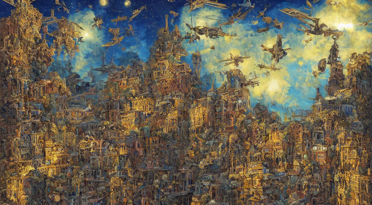 Image similar to vivid colours, guido borelli da caluso, richard dadd, smooth paper with detailed line work, Mandelbulb, Exquisite detail perfect symmetrical, silver details, hyper detailed, bold intricate ink illustration, smooth textures, steampunk, smoke, neon lights, starry sky, steampunk city, liquid polished metal, by jesper ejsing