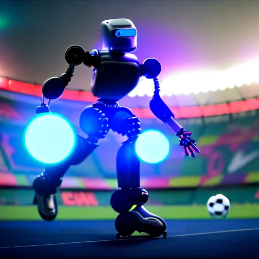 Prompt: a cyberpunk robot kicking a soccer ball in a soccer game, hyperrealistic, unreal engine, octane render, 3 d, 8 k, make it look like it was made by dall - e 2