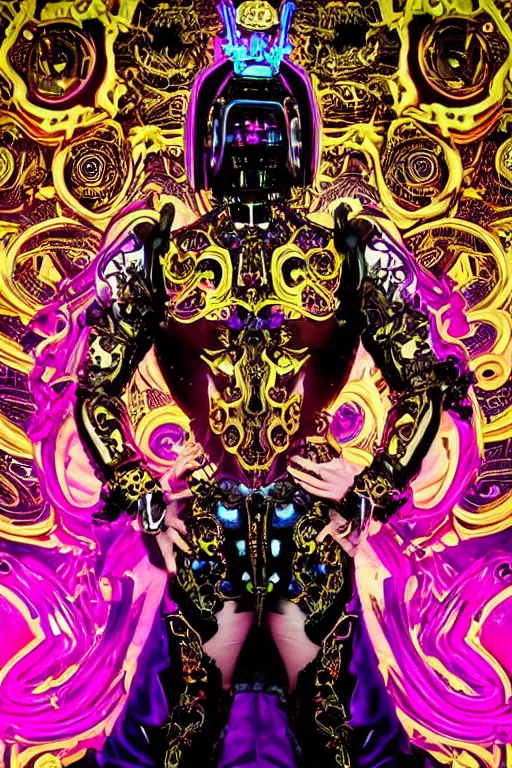 Prompt: full-body rococo and cyberpunk style neon statue of a young attractive Brazilian macho dotado e rico android sim roupa reclining con piroca dura leite, glowing magenta laser eyes, prince crown of black gears, onyx, swirling gold-colored silk fabric. futuristic elements. full-length view. space robots. human skulls. intricate artwork by caravaggio. Trending on artstation, octane render, cinematic lighting from the right, hyper realism, octane render, 8k, depth of field, 3D
