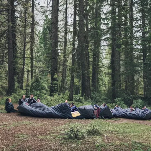 Prompt: a pack of wolves in a forest surrounding a sleeping bag